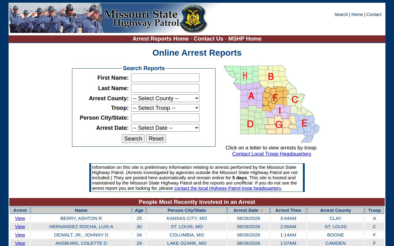 Dade County Missouri State Highway Patrol arrest search reference